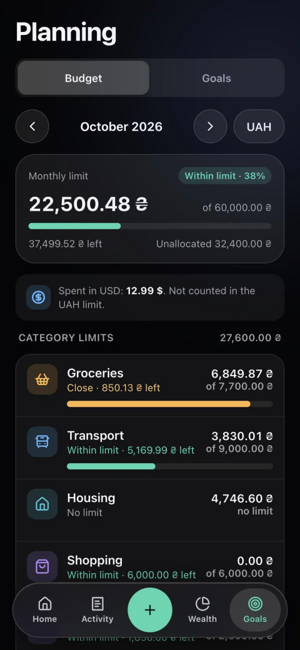Monnex Budget screen: monthly limit and category limits with what is left in each