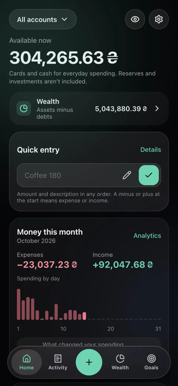 Monnex Home screen: money available now, wealth, quick entry and this month’s spending