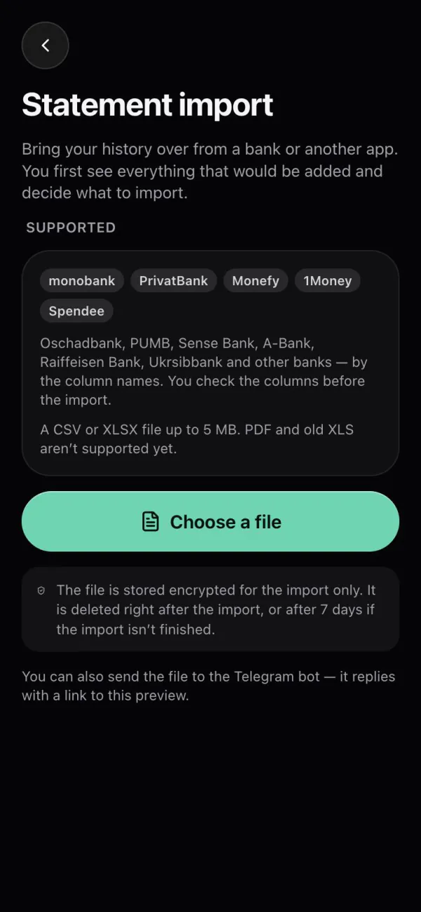 Monnex Statement import screen: monobank, PrivatBank, Monefy, 1Money and Spendee, CSV or XLSX files