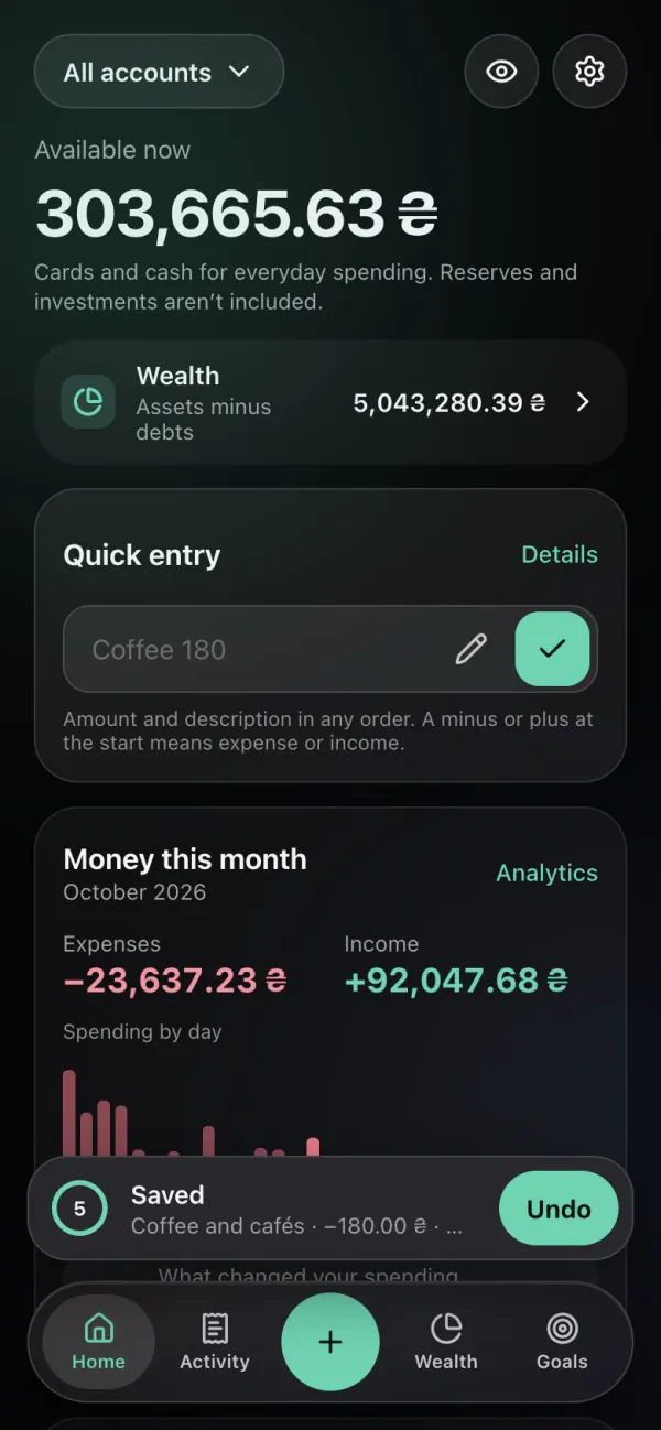 Monnex Home screen right after a quick entry of “Coffee 180”: the operation is saved and can be undone
