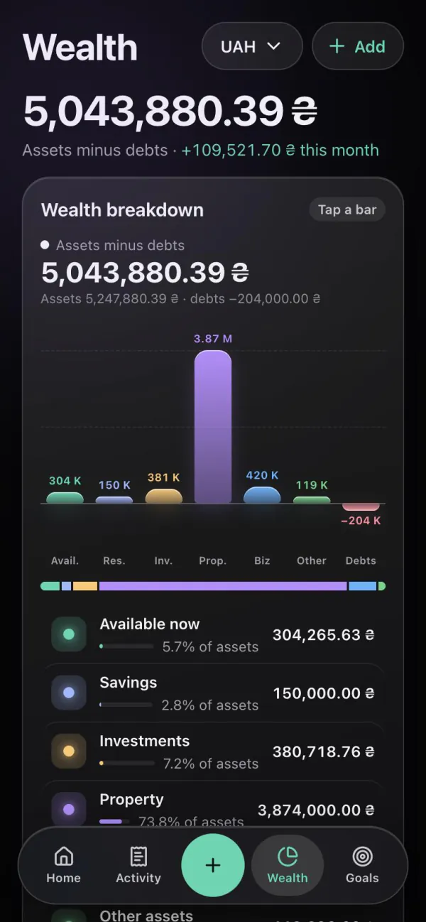 Monnex Wealth screen: assets minus debts with a breakdown by savings, investments, property and debts